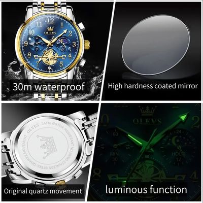 Imagen 2 del producto Reloj de Lujo para Hombre Azul y Dorado Cronógrafo Flywheel Decorativo Movimiento Cuarzo Japonés