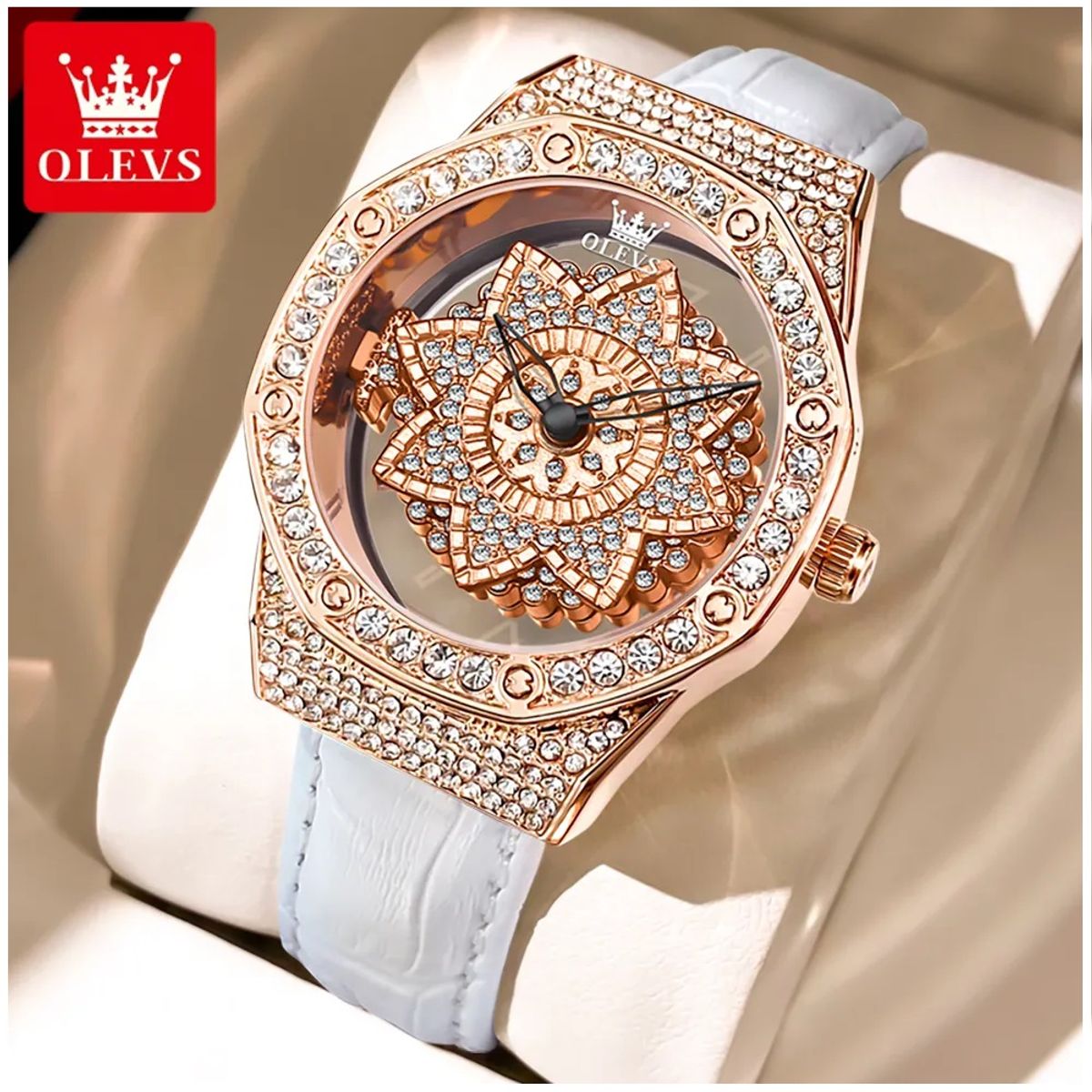 STARTECHOFFICE - Reloj de Mujer de Lujo con Diseño Floral Rotativo y Correa de Cuero