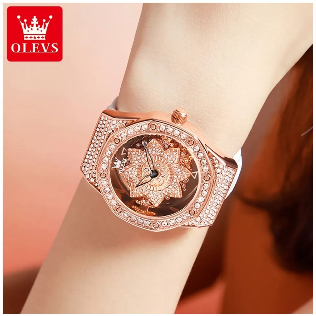 STARTECHOFFICE - Reloj de Mujer de Lujo con Diseño Floral Rotativo y Correa de Cuero