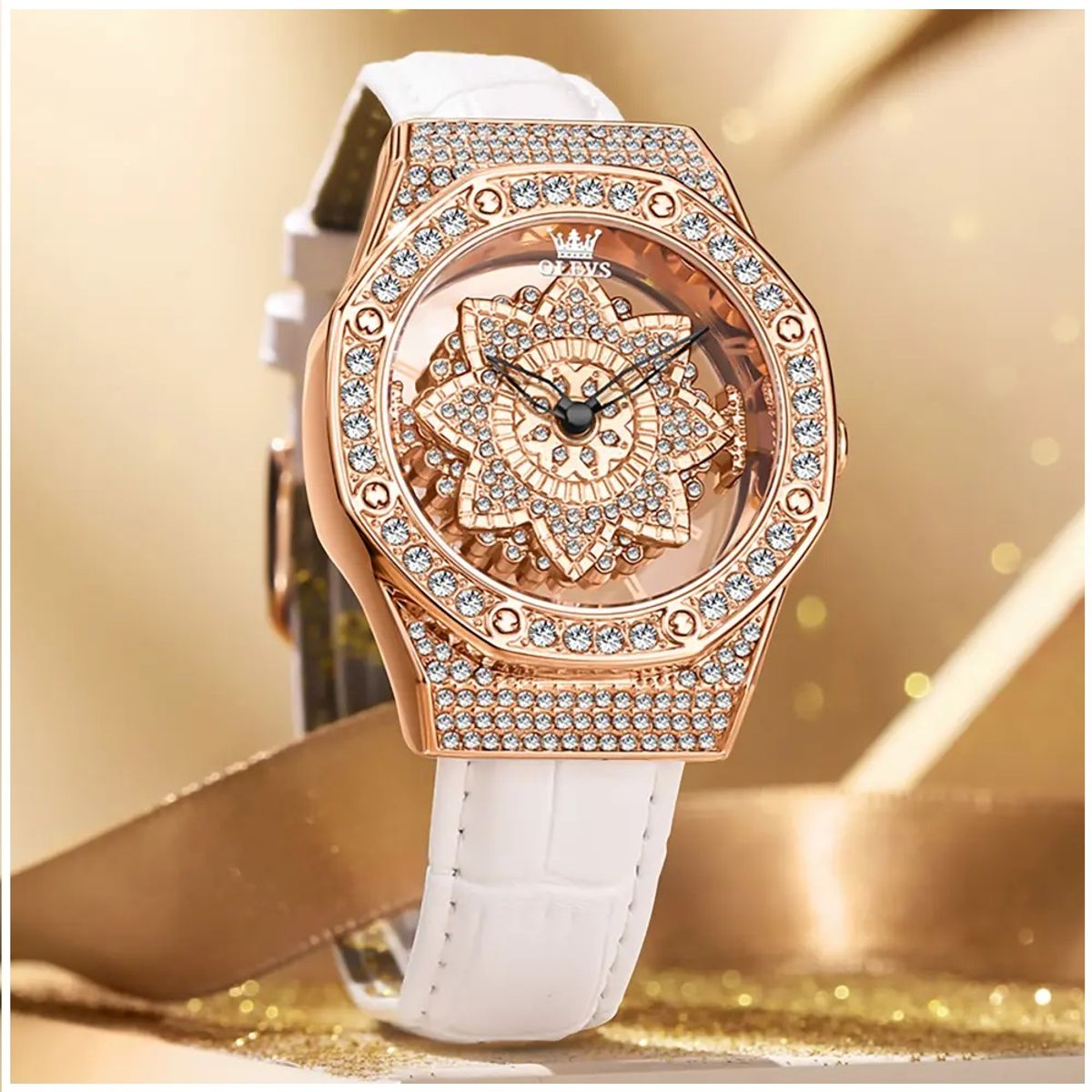 STARTECHOFFICE - Reloj Femenino de Lujo Diseño Floral Giratorio Tridimiensional Cristales de Zirconio Correa de Cuero