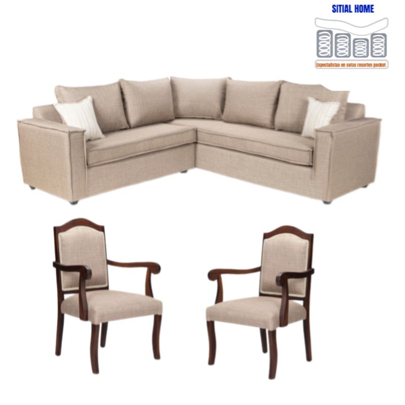 SITIAL HOME - Living 311 Juliette seccional resortes + 2 sitiales clasicos en madera