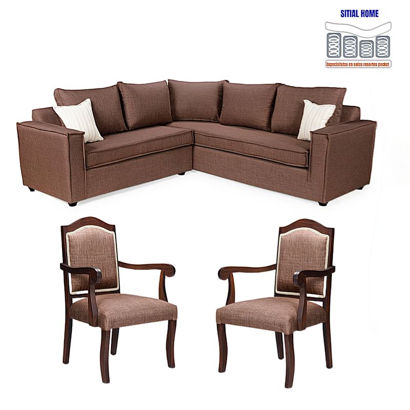 SITIAL HOME - Living 311 Juliette seccional resortes + 2 sitiales clasicos en madera