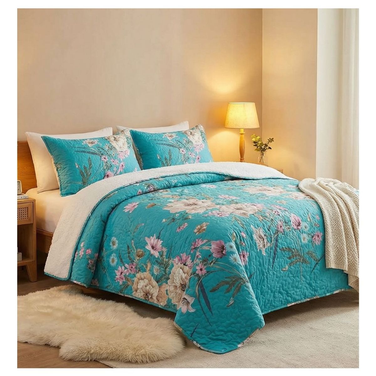 GENERICO - Cubrecama Sherpa 2 Plazas - Verde Flores M915