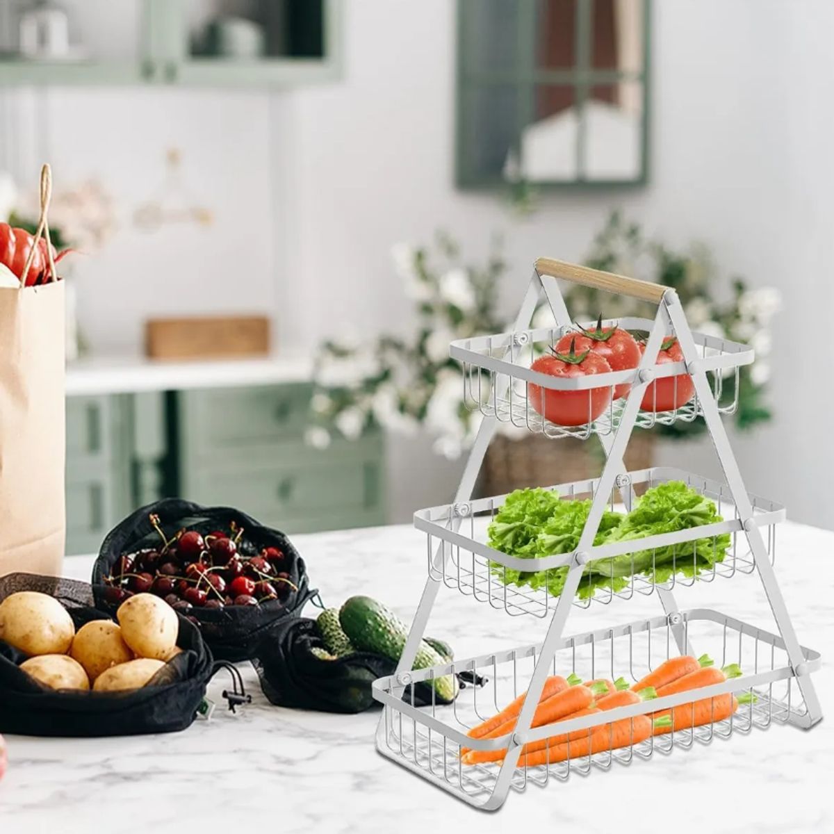 GENERICO - Frutero De Mesa Canasto Para Frutas Cocina Hogar 3 Niveles Blanco