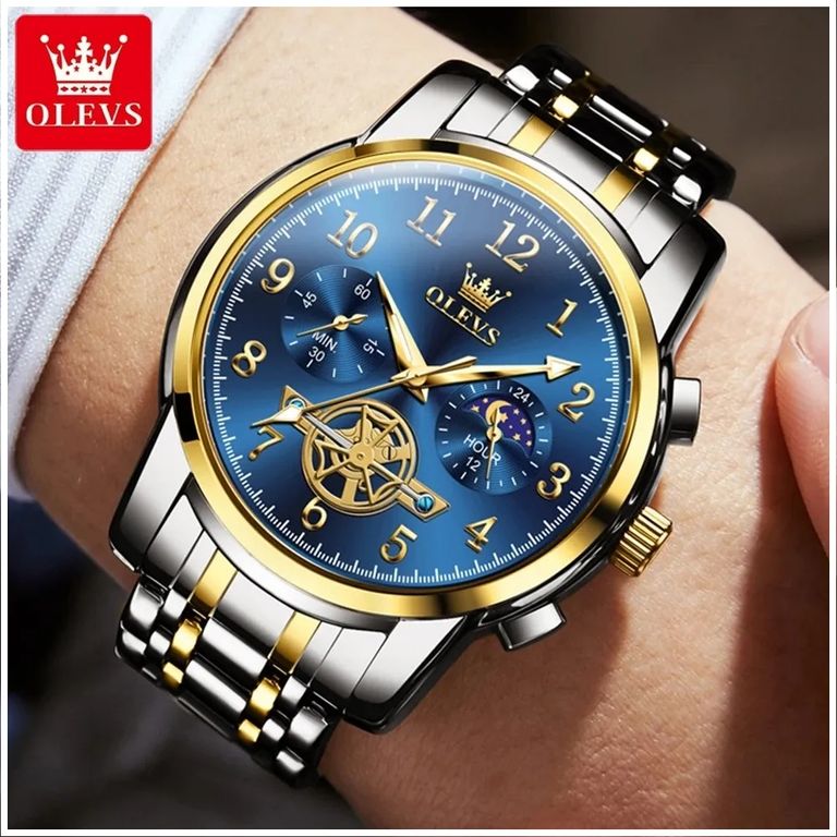 Reloj Cronografo de Lujo para Hombre con Fase Lunar Movimiento Cuarzo Azul TALLA UNICA