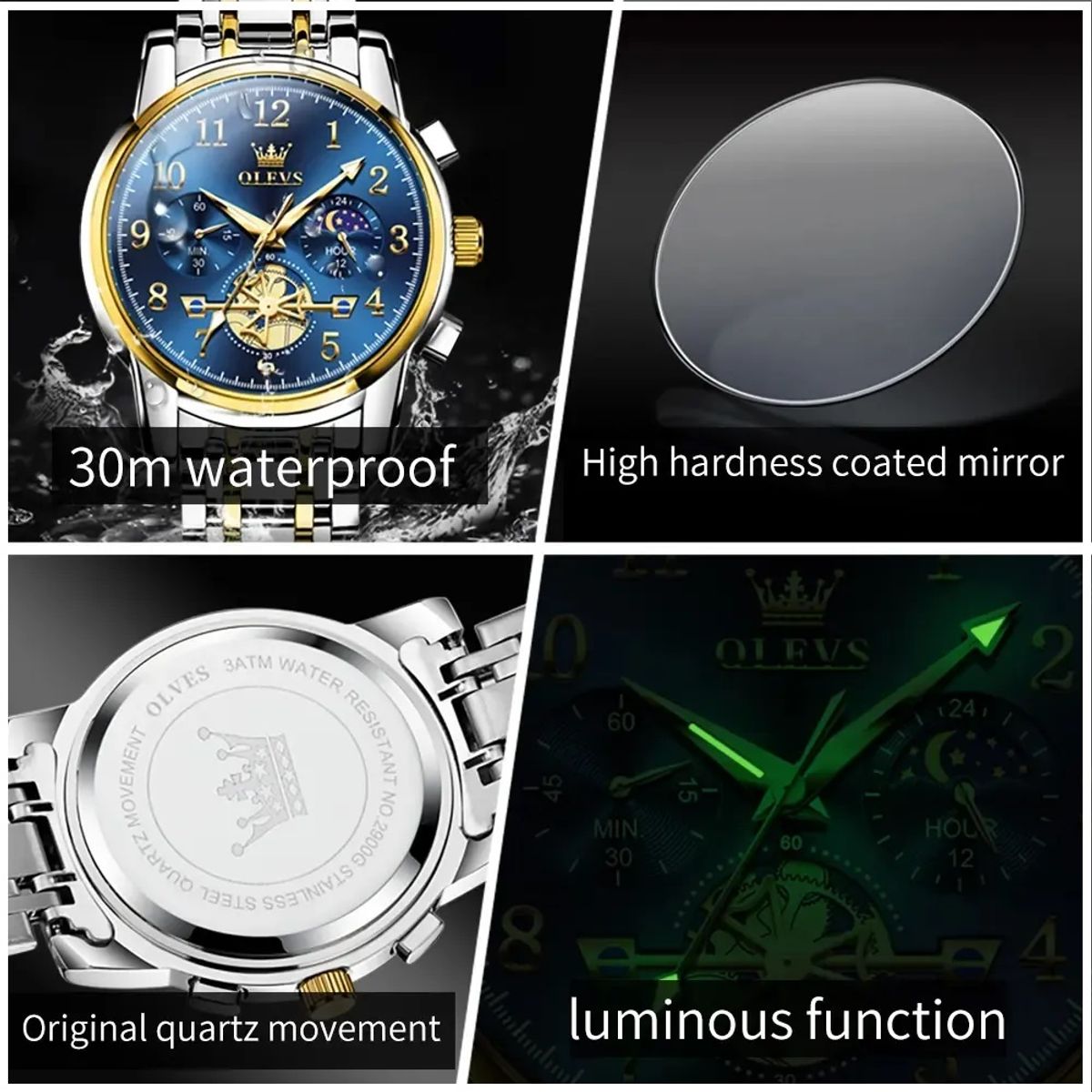 STARTECHOFFICE - Reloj Hombre Cronógrafo Acero Inoxidable Diseño de Lujo Azul y Dorado Resistencia al agua 30m