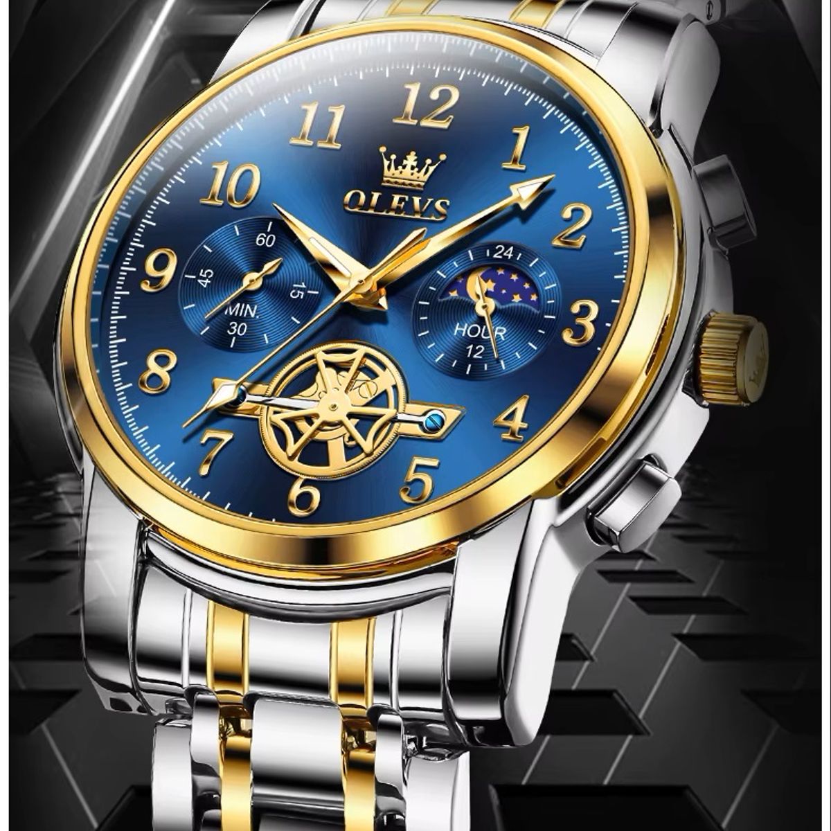 STARTECHOFFICE - Reloj Hombre Cronógrafo Acero Inoxidable Diseño de Lujo Azul y Dorado Resistencia al agua 30m