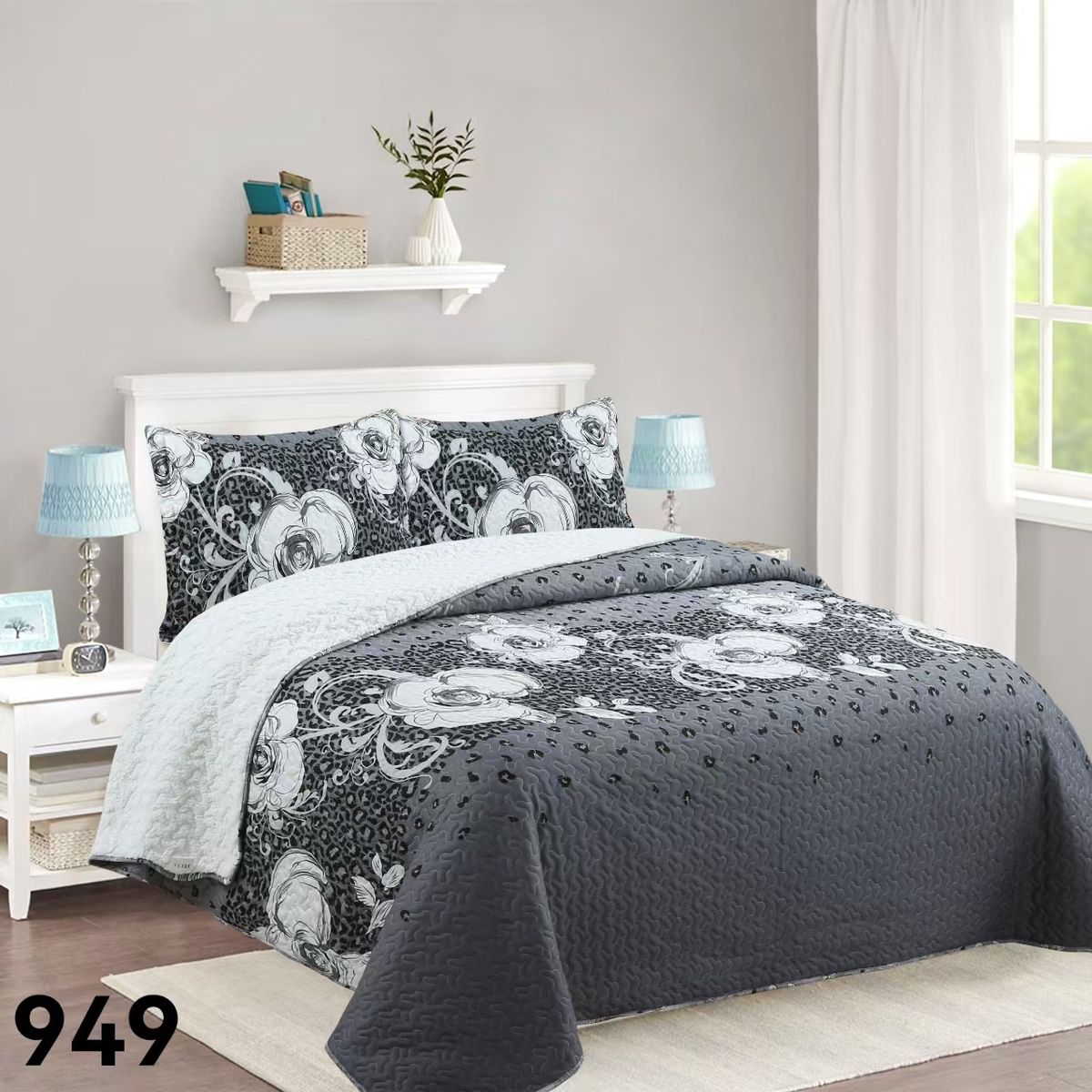 GENERICO - Cubrecama Sherpa 2 Plazas - Gris Rosas Blancas M949