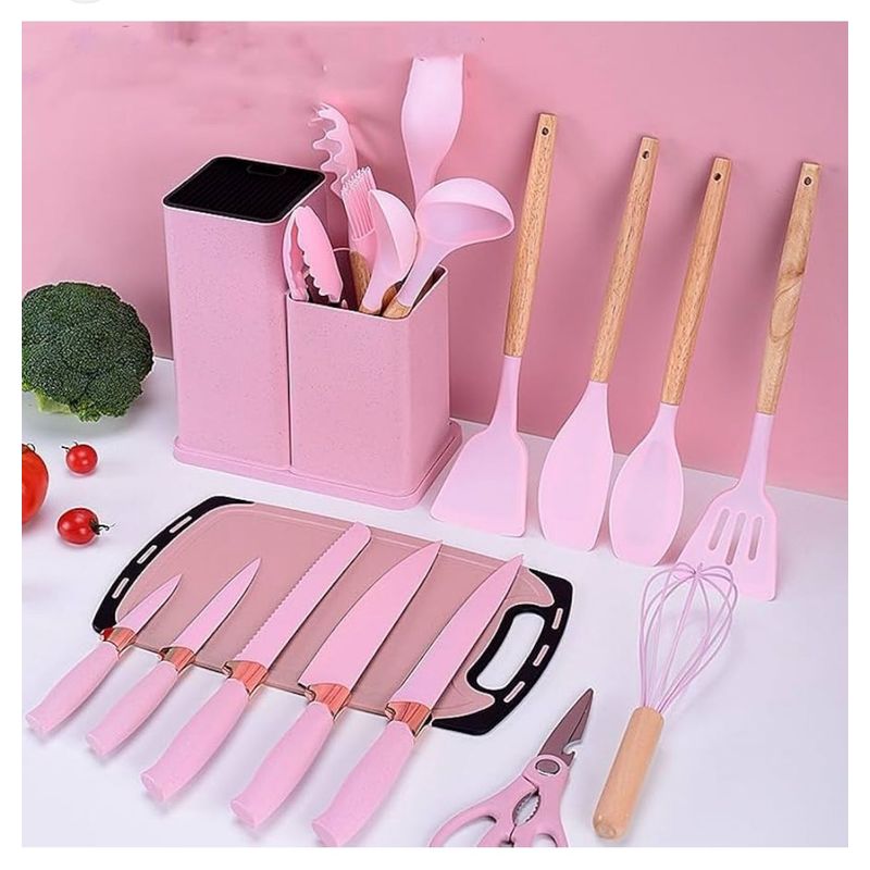 GENERICO - SET 19 UTENSILIOS DE COCINA SILICONA ROSADO