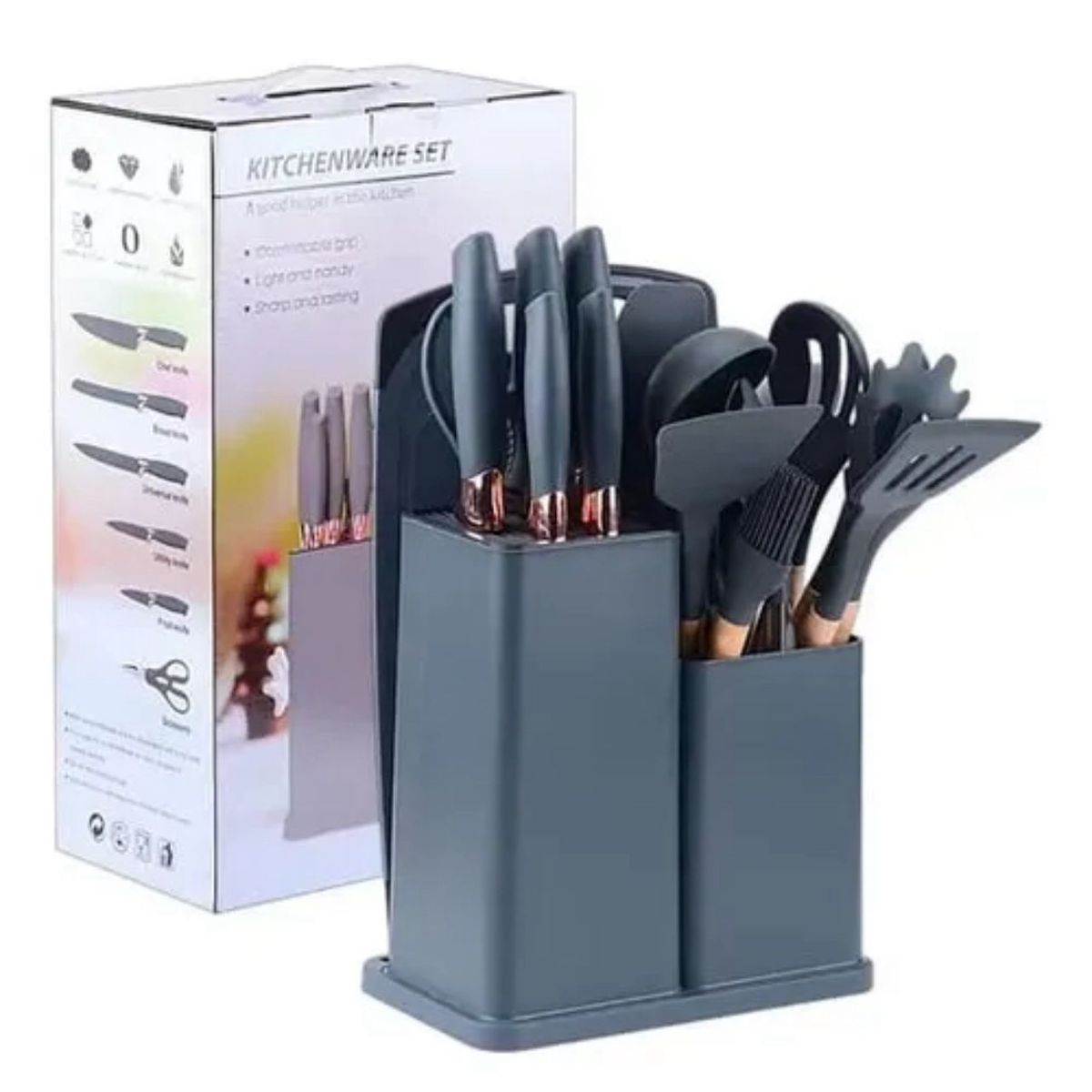 GENERICO - SET 19 UTENSILIOS DE COCINA SILICONA GRIS