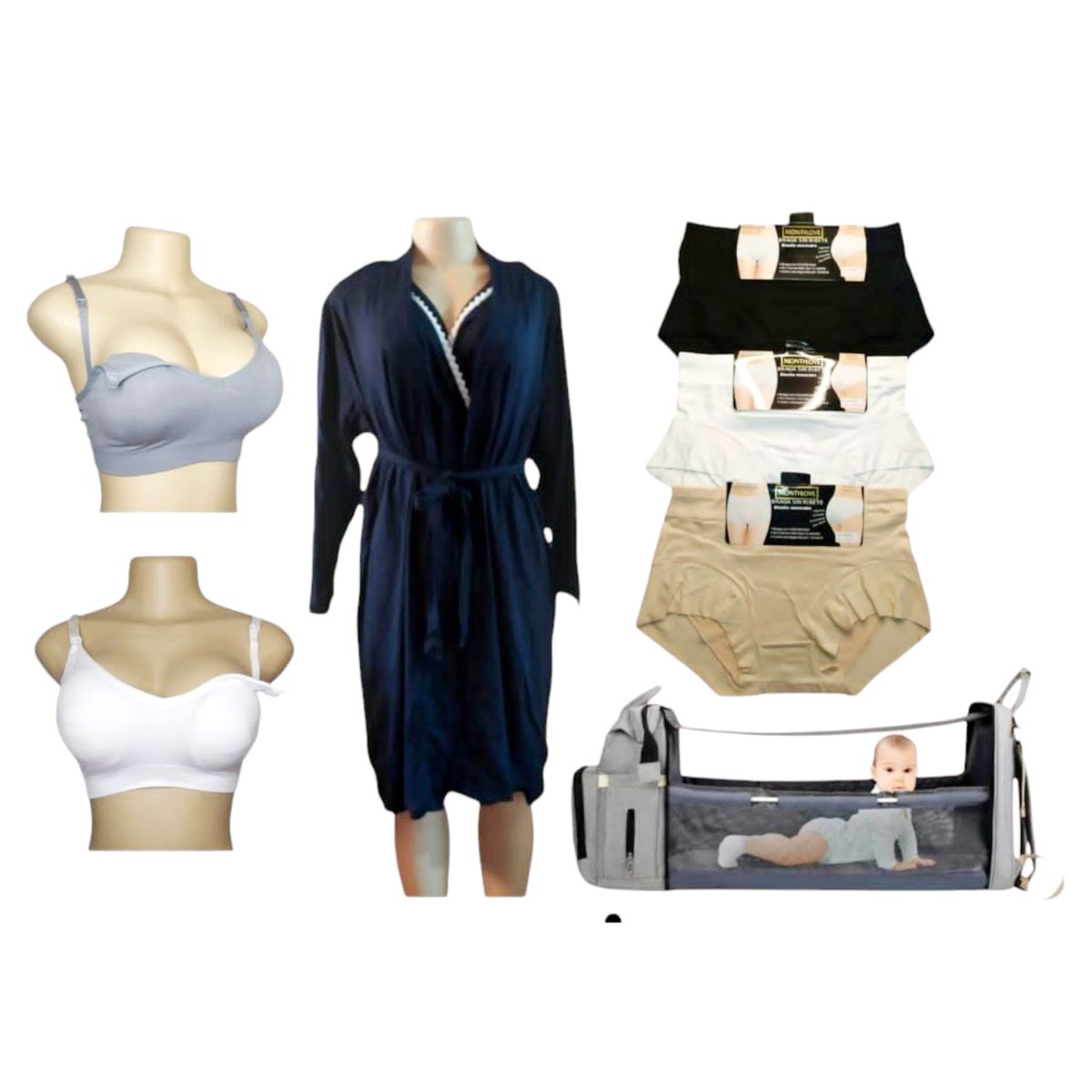 MEDIA LUNA - Pack de maternidad sostenes bata camisola calzones mochila pañalera