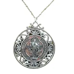 GENERICO - Collar Medalla San Benito de Acero Escudo Espiritual 45 X 40 mms