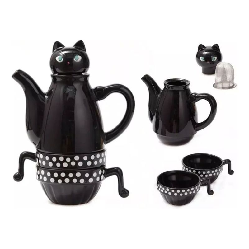GENERICO - Set Tetera Gato Infusor + 2 Tazas Mug Gatos