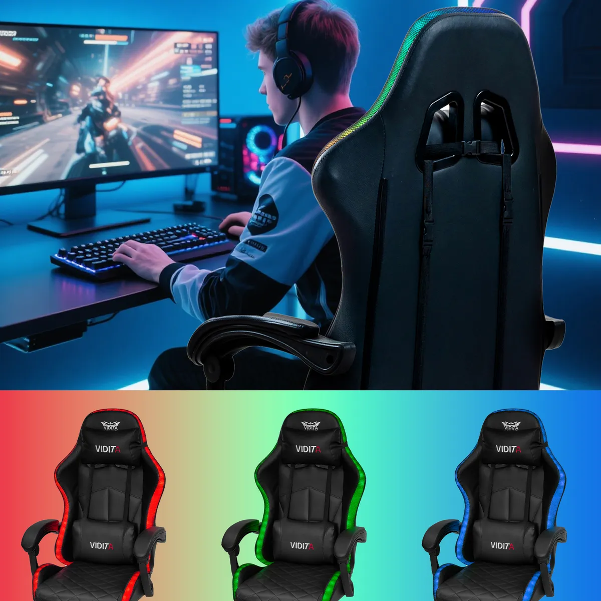 VIDITA - Silla Gamer RGB K-night Reclinable Con Masajeasdor Reposapiés Roja