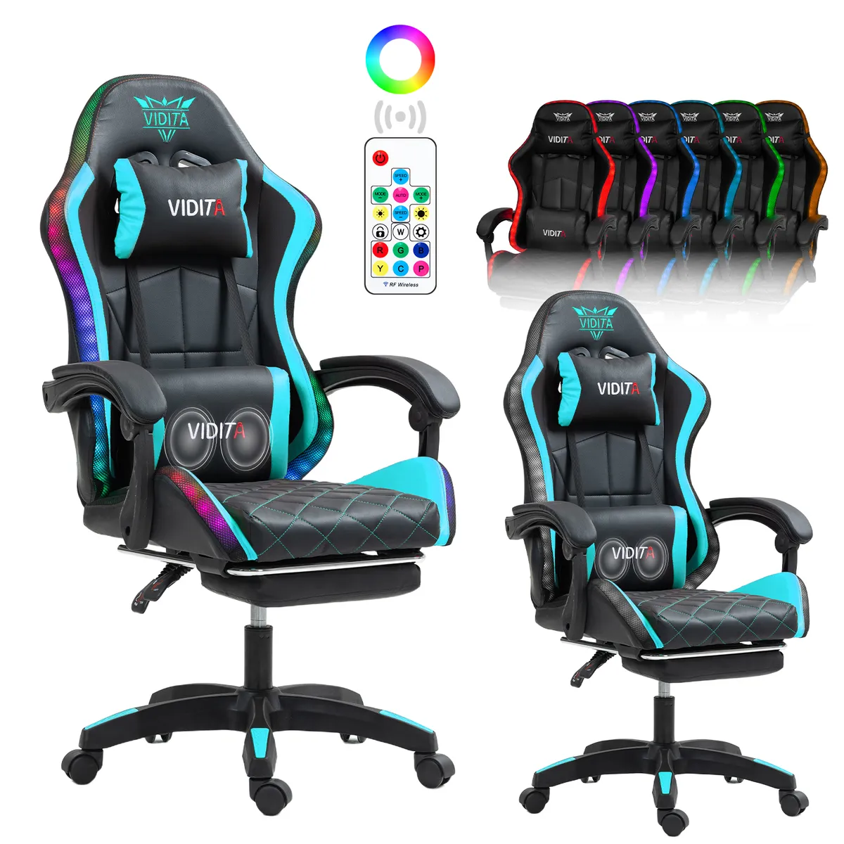 VIDITA - Silla Gamer RGB K-night Reclinable Con Masajeasdor Reposapiés Celeste