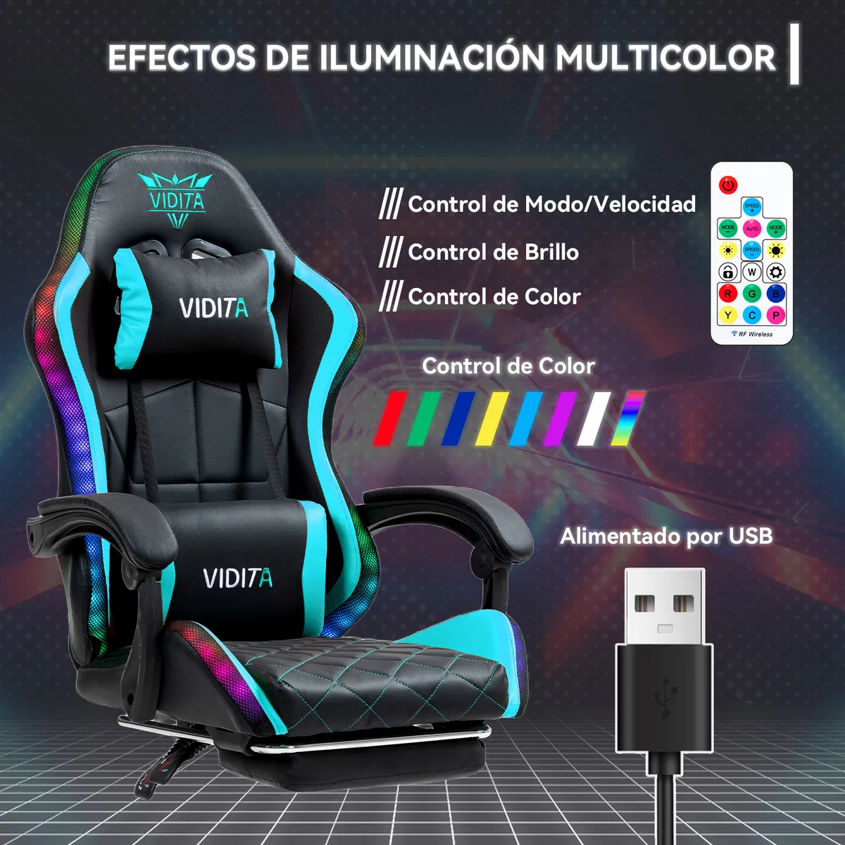 VIDITA - Silla Gamer RGB K-night Reclinable Con Masajeasdor Reposapiés Celeste
