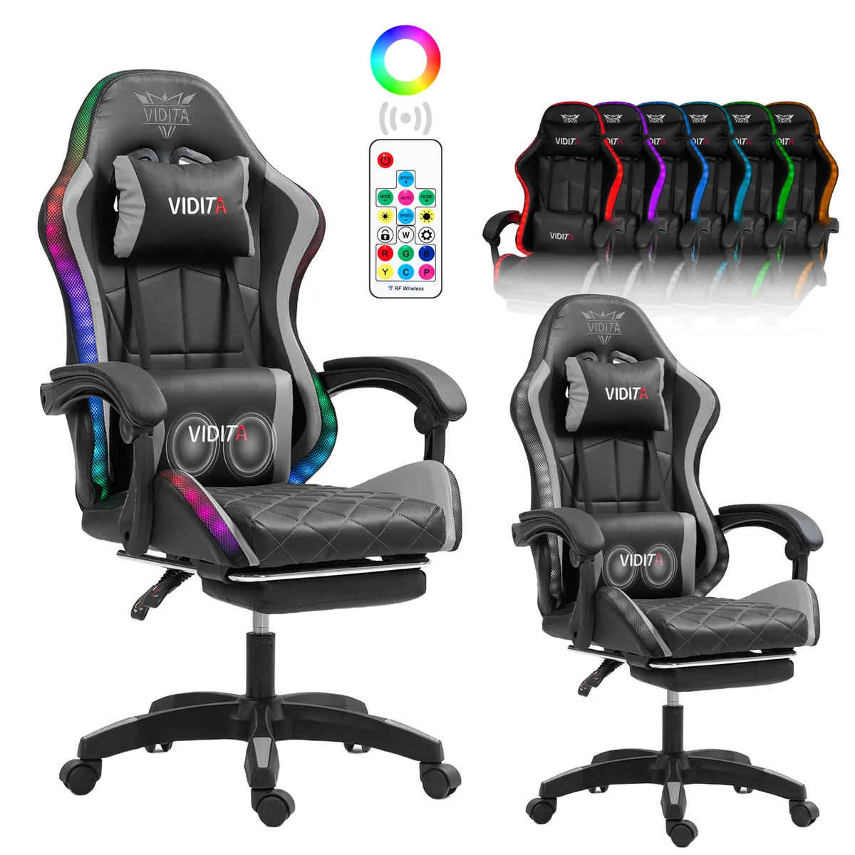 VIDITA - Silla Gamer RGB K-night Reclinable Con Masajeasdor Reposapiés Gris