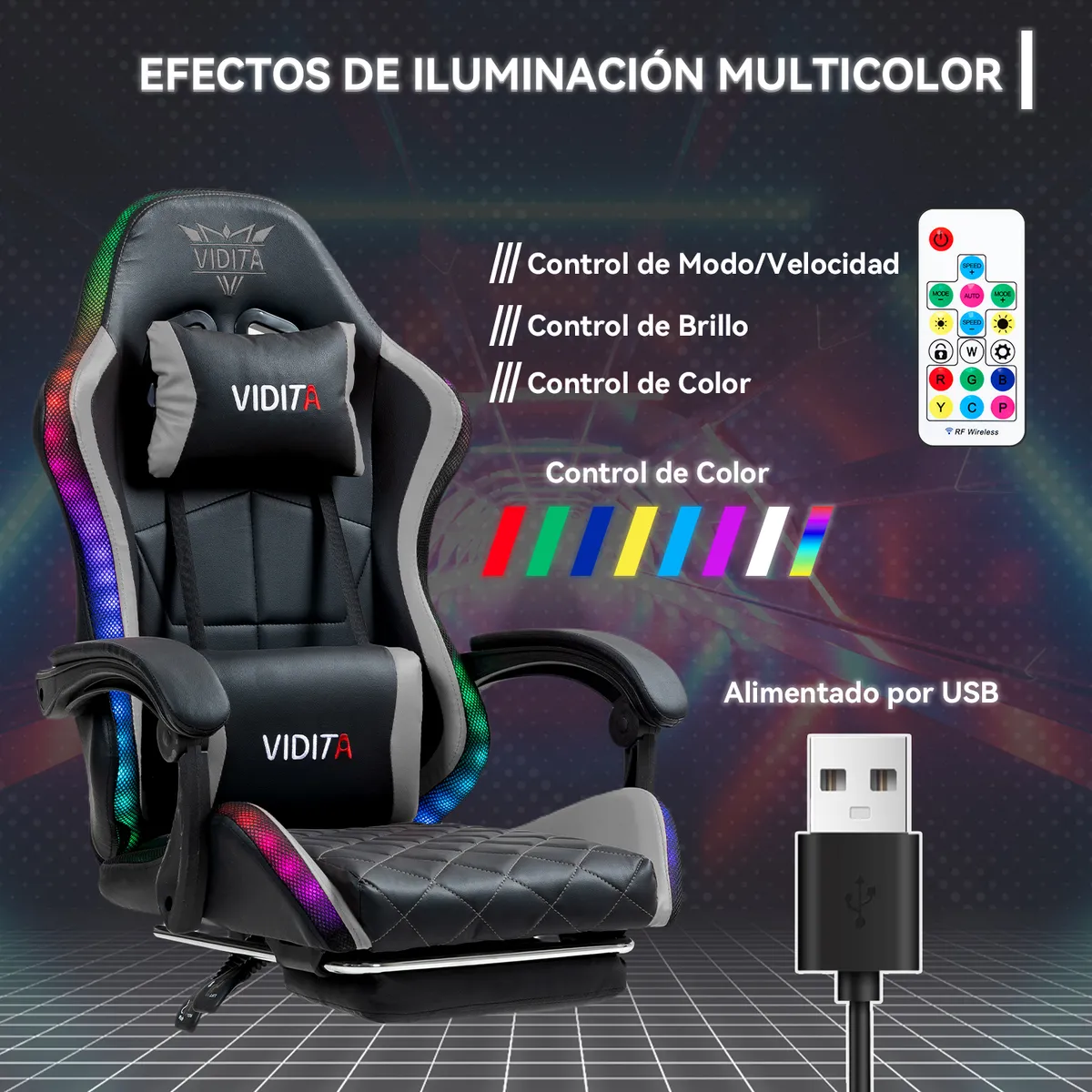 VIDITA - Silla Gamer RGB K-night Reclinable Con Masajeasdor Reposapiés Gris