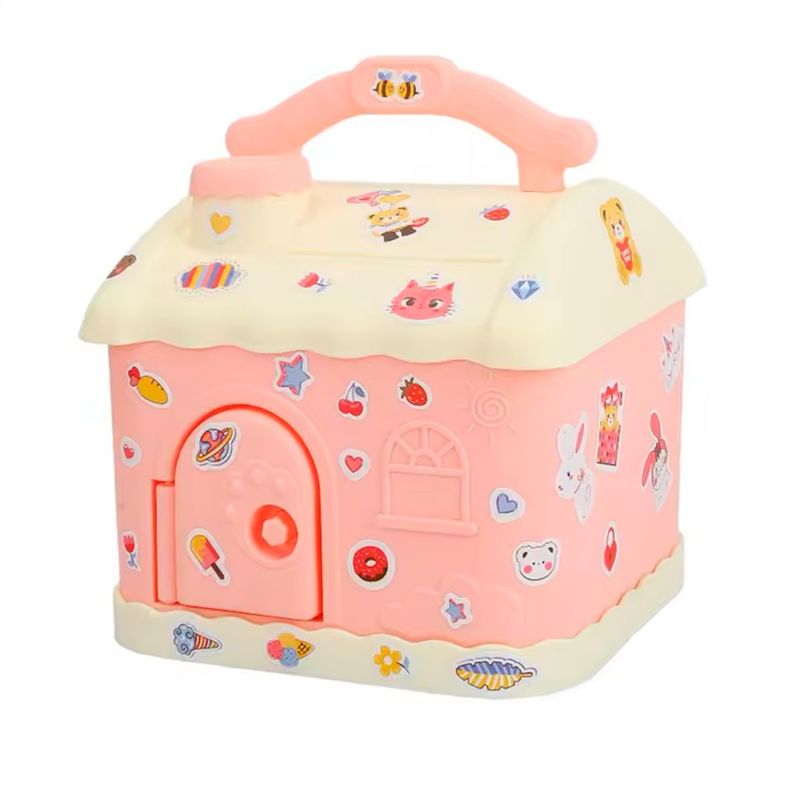 GENERICO - Alcancía Infantil Casa Con Llave Y Stickers Rosa