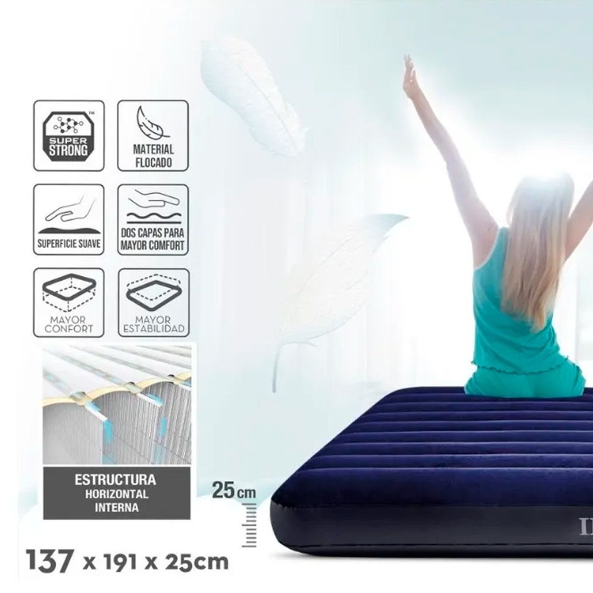 GENERICO - Colchón Inflable Matrimonial Azul 137x191x25cm