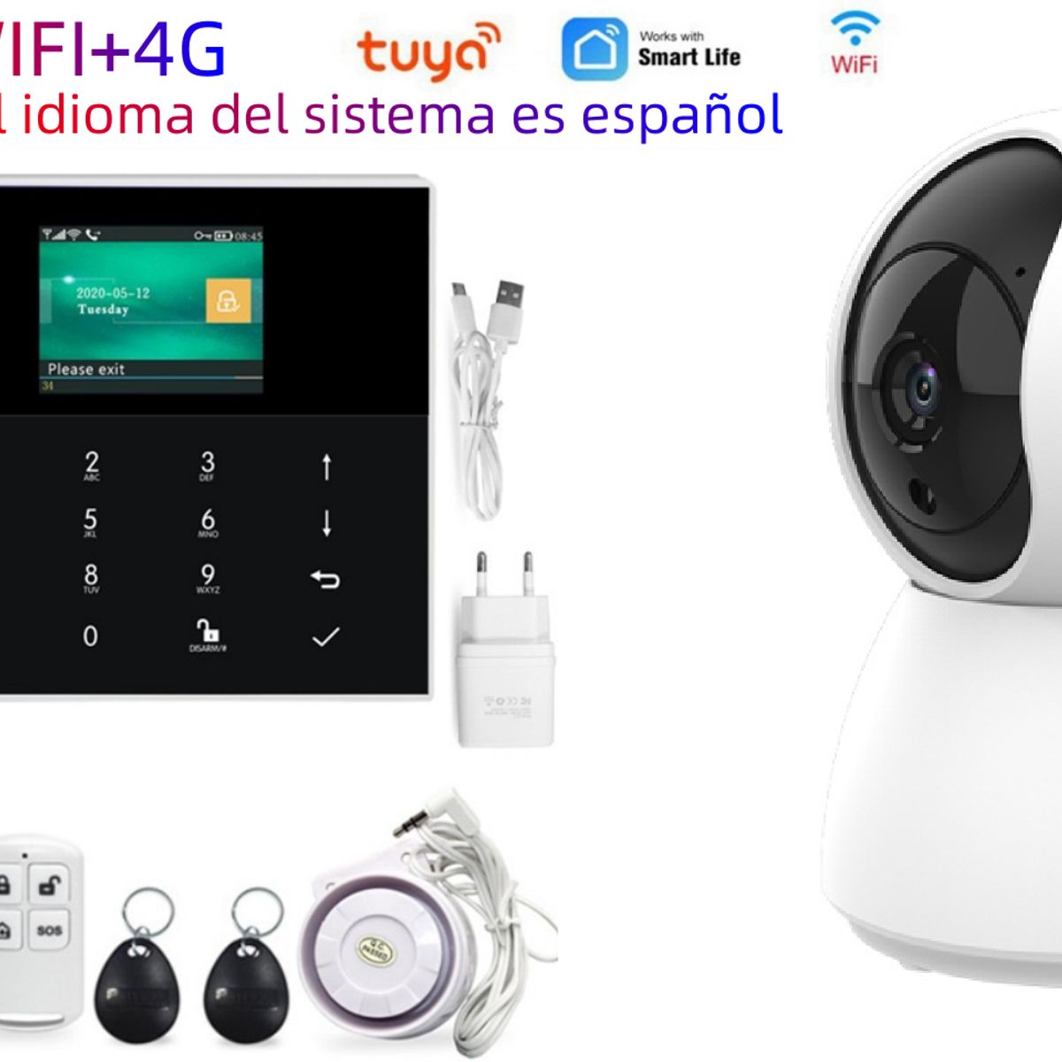 GENERICO - Kit Seguridad Alarma 4g Sos Cámara Sensor Movimiento Puerta Blanco