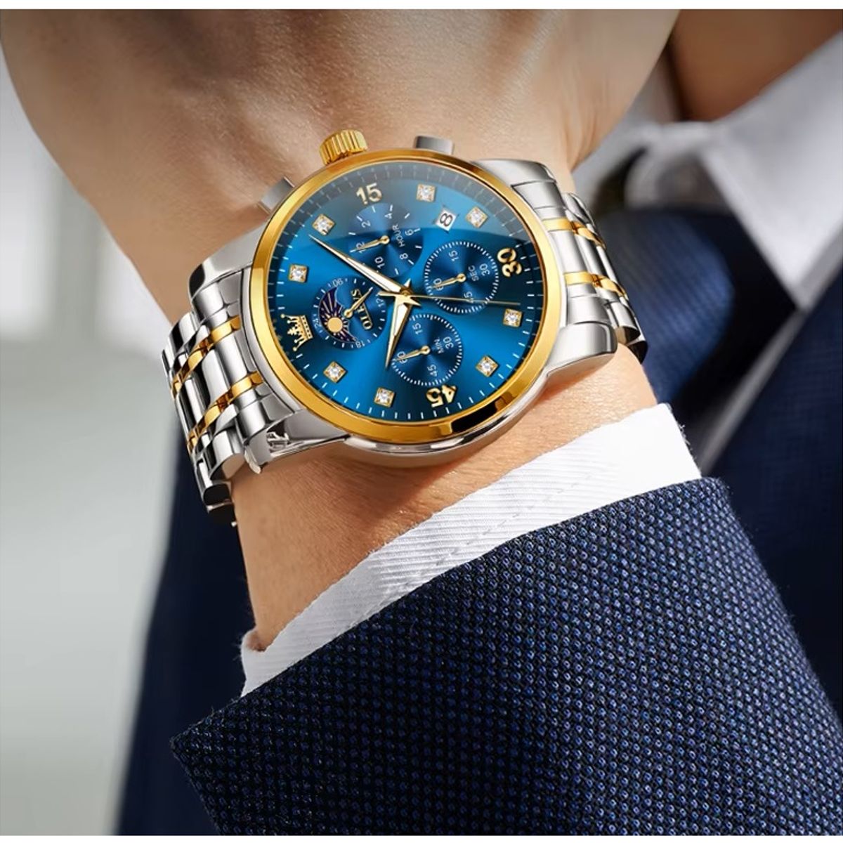 STARTECHOFFICE - Reloj Lujo para Hombre Diseño Azul Real Acero Inoxidable Bicolor Resistencia al agua 30m