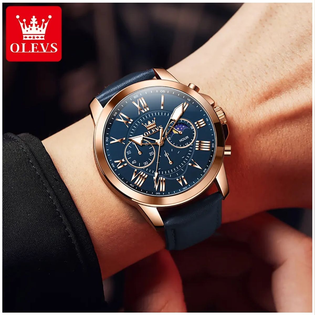 STARTECHOFFICE - Reloj Masculino de Lujo Multifunción Deportivo con Correa de Cuero Azul Resistencia al agua 30m