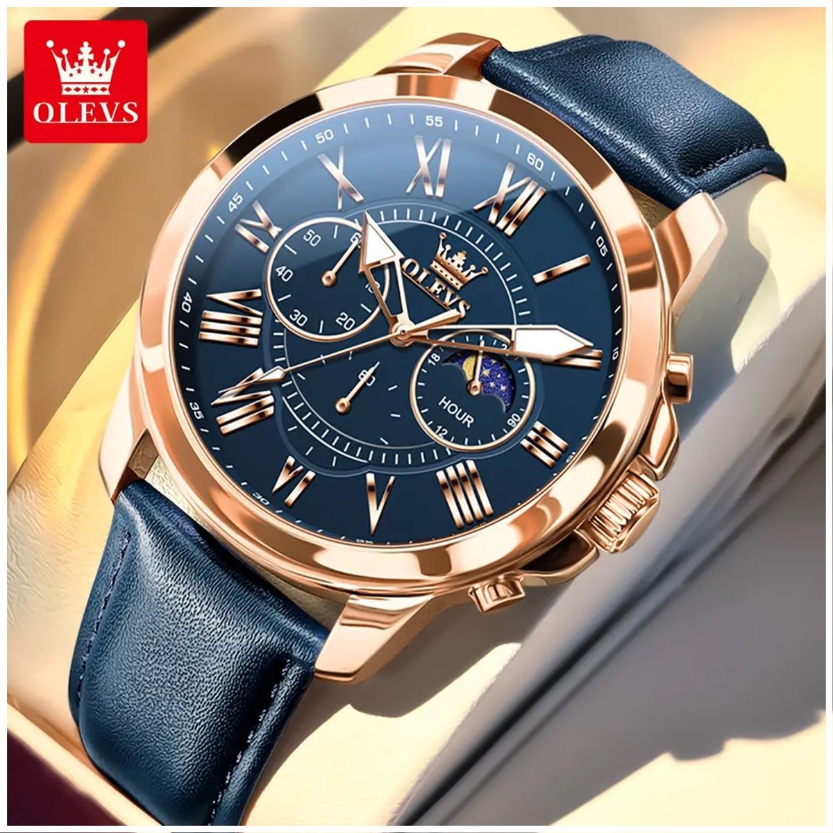 STARTECHOFFICE - Reloj Masculino de Lujo Multifunción Deportivo con Correa de Cuero Azul Resistencia al agua 30m