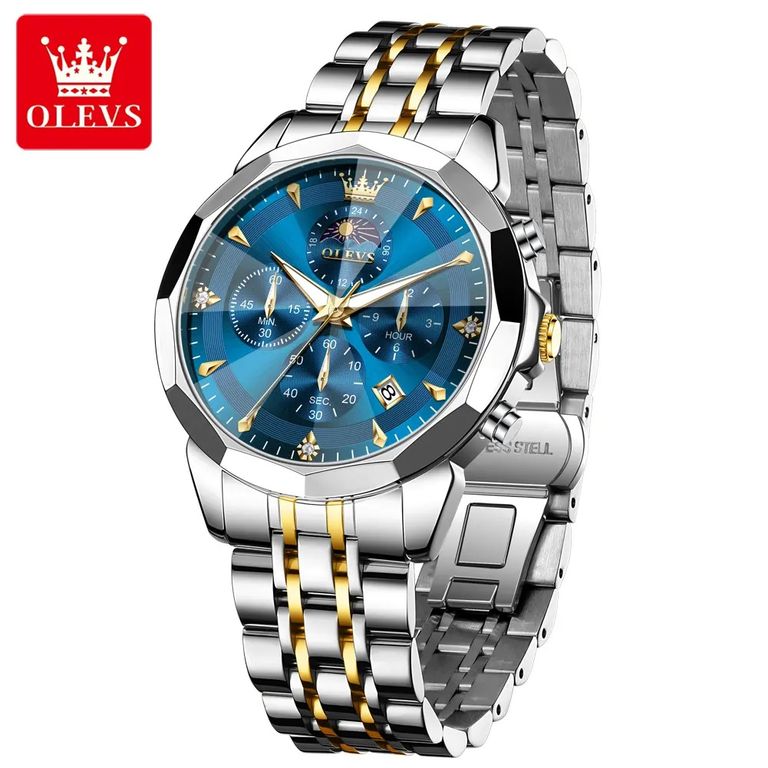 Reloj de Pulsera Hombre Acero Inoxidable Azul con Cronografo Dorado TALLA UNICA