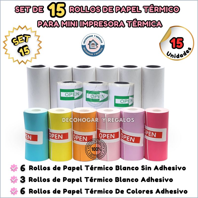 GENERICO - Set 15 Rollos Papel Térmico Para Mini Impresora y Cámara Impresión