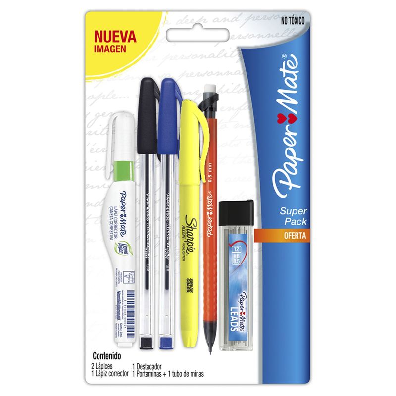 PAPER MATE - Pack Universitario Bolígrafos Corrector Destacador Goma +