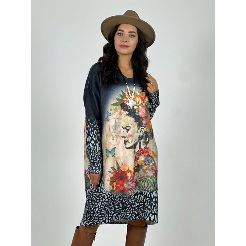 ENIGMATICA BOUTIQUE - Vestido Lanilla Estampado Frida Kahlo Negro