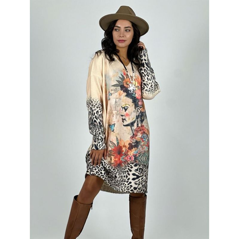 ENIGMATICA BOUTIQUE - Vestido Lanilla Estampado Frida Kahlo Negro