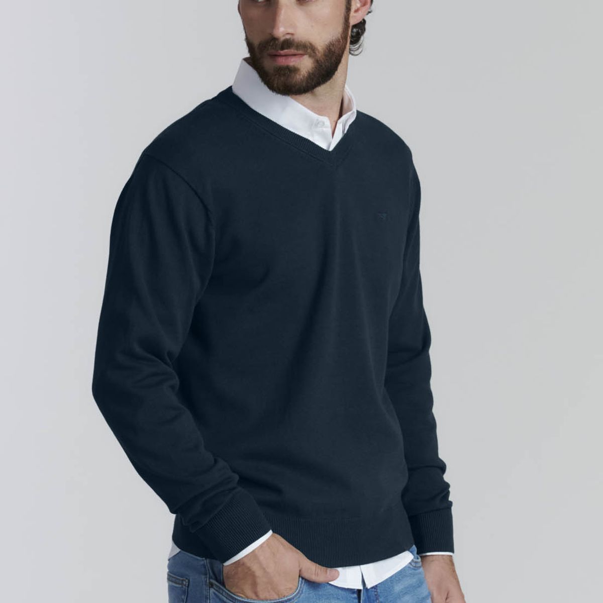 FEROUCH - Sweater V Neck Solido F Smart Casual Azul Ferouch