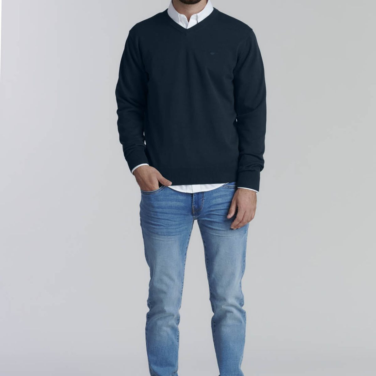 FEROUCH - Sweater V Neck Solido F Smart Casual Azul Ferouch