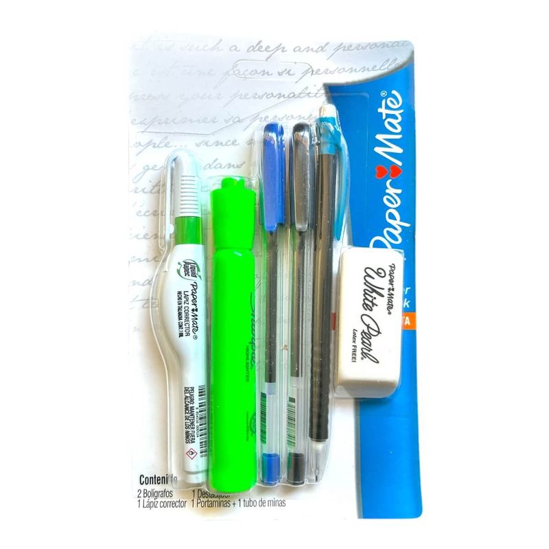 PAPER MATE - Set Lápiz Pasta Azul y Negro + Corrector + Destacador + Portamina y Goma PaperMate