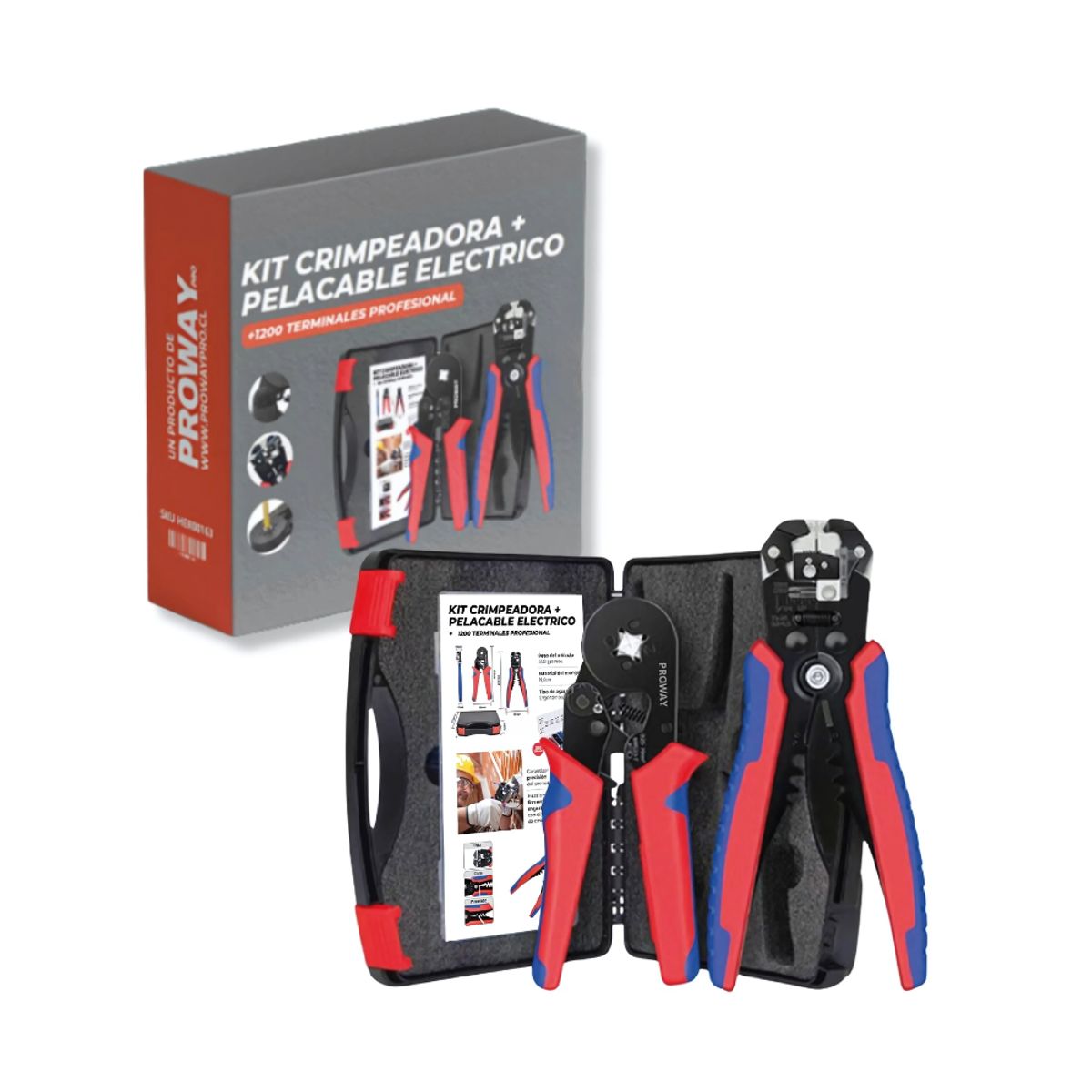 PROWAY - Crimpeadora Alicate Prensa Pelacable + 1200 Terminales Para Prensar Cables