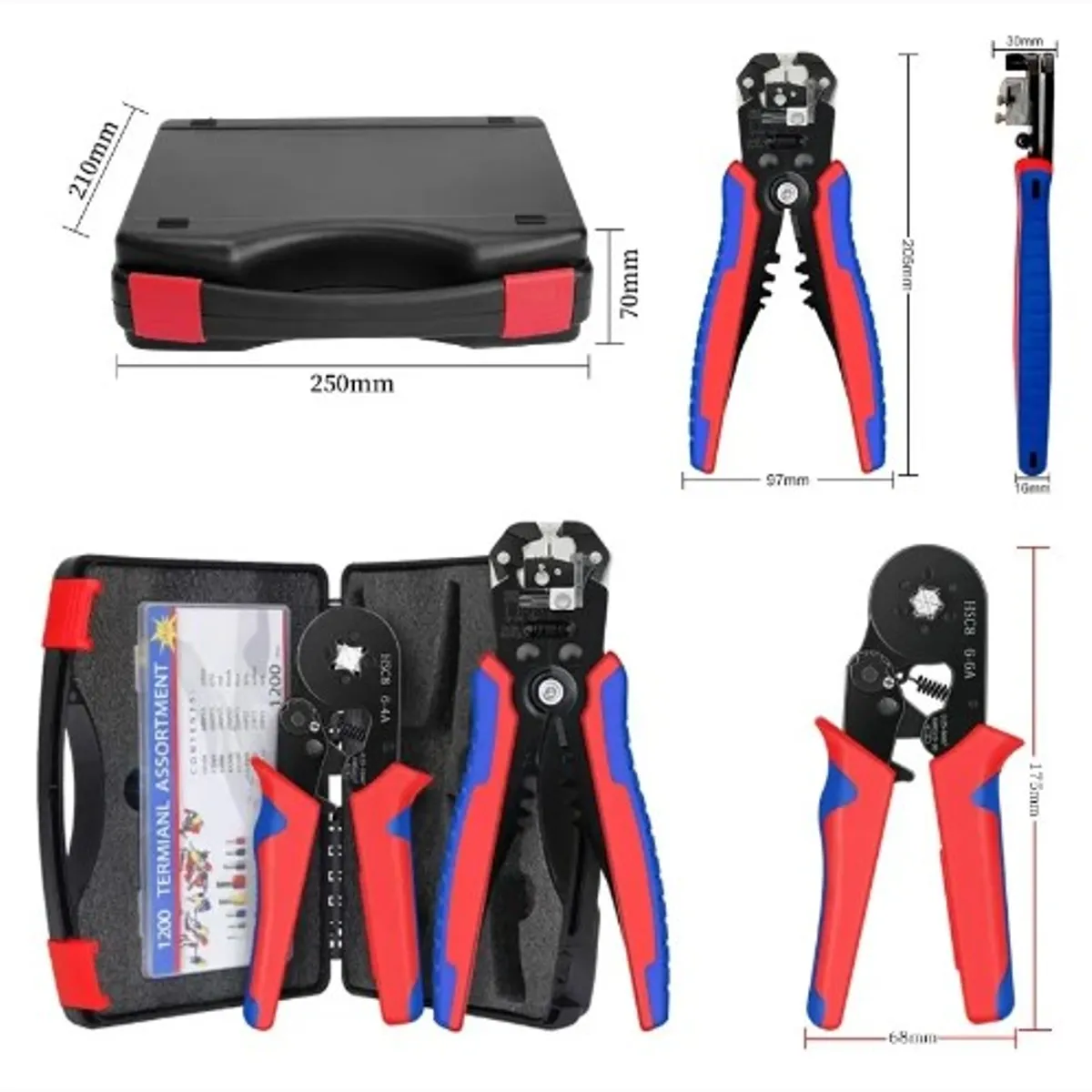 PROWAY - Crimpeadora Alicate Prensa Pelacable + 1200 Terminales Para Prensar Cables