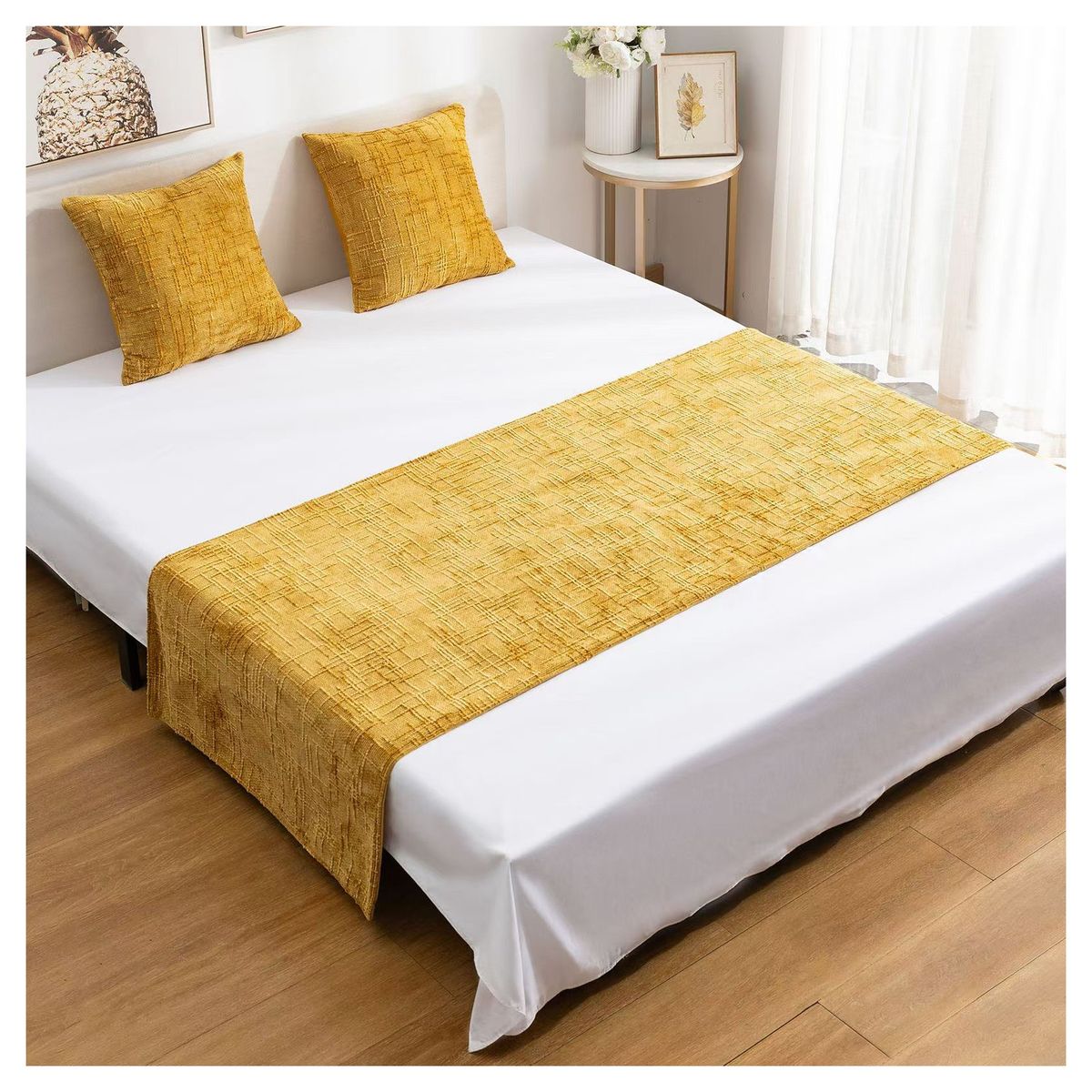 GENERICO - Set Piecera Chenille Mostaza + 2 Fundas cm  2 Plazas o King