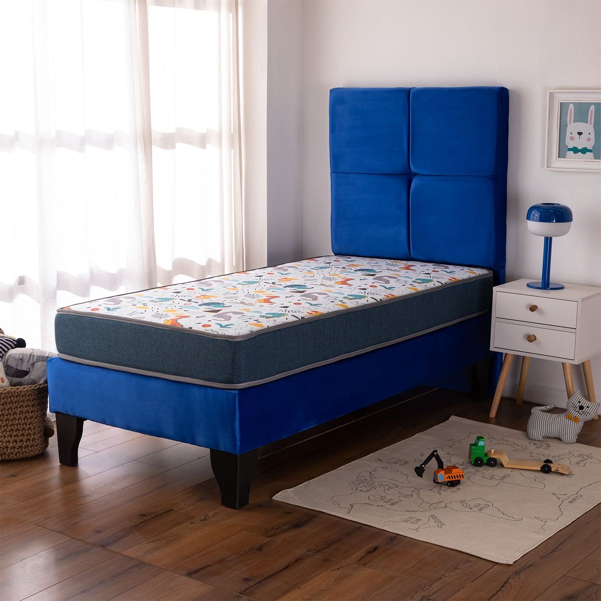 COLBOX - Cama Europea AF Tap-Blanca + Respaldo Zeus 1 Plazas Azul