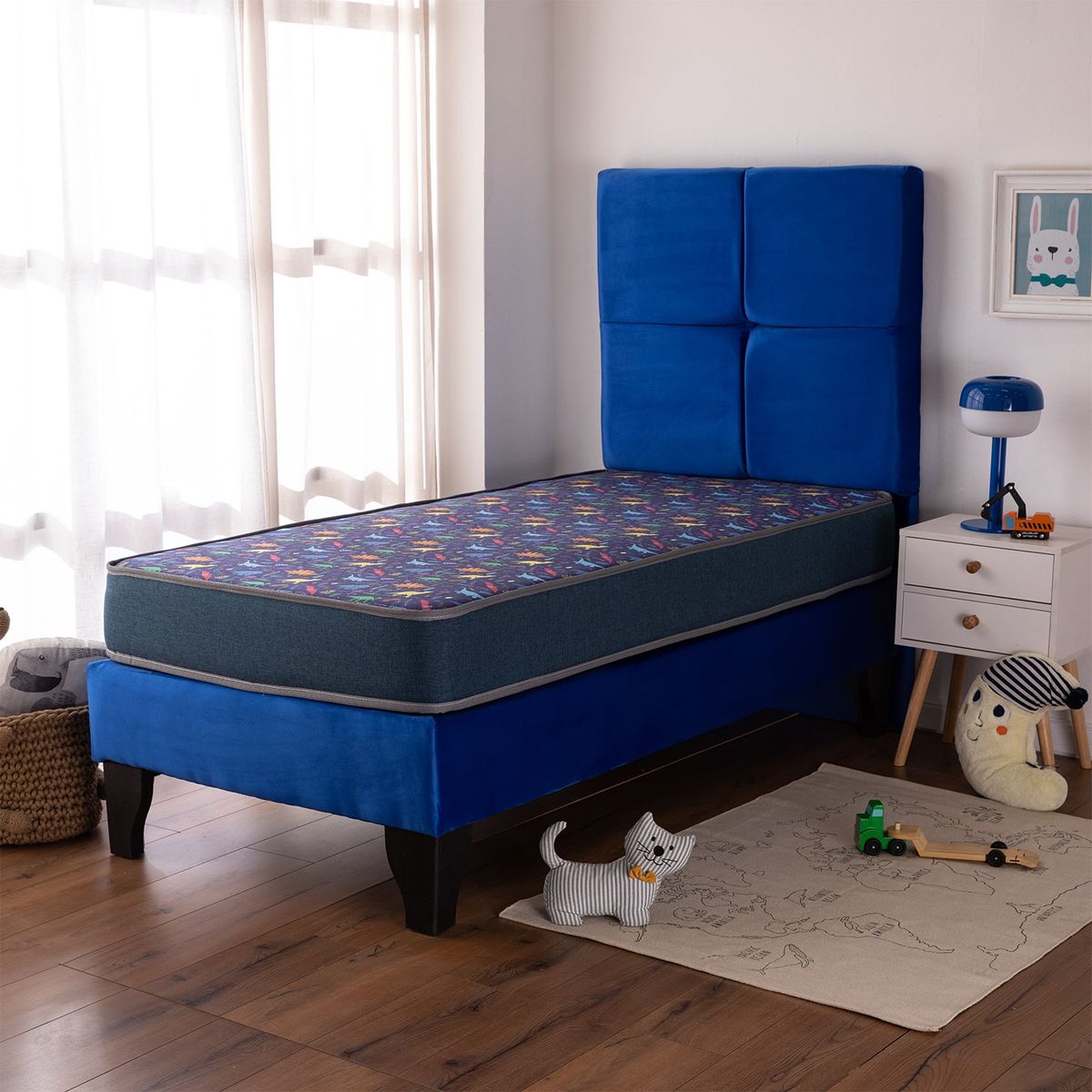 COLBOX - Cama Europea AF Tap-Azul + Respaldo Zeus 1,5 Plazas Azul
