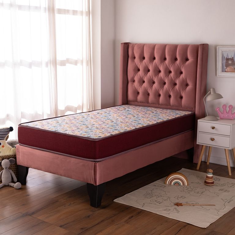 Cama Europea Infantil America Foam 1.5 Plazas Tapiz Blanco Respaldo Hades Rosa 105x190x58 Cm