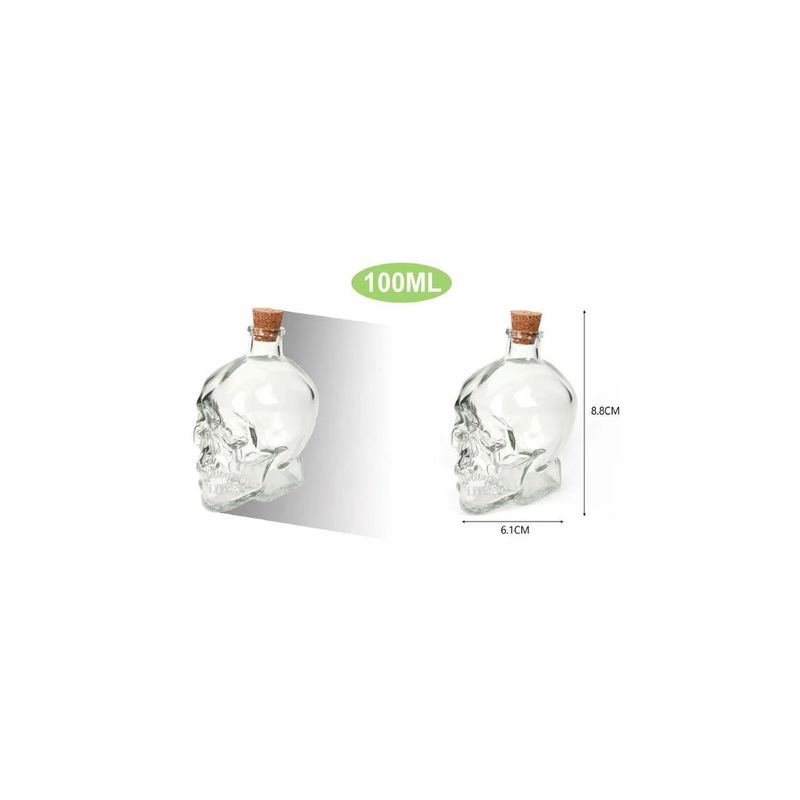GENERICO - BOTELLA DE VIDRIO FORMA DE CALAVERA 100ML TAPA DE CORCHO