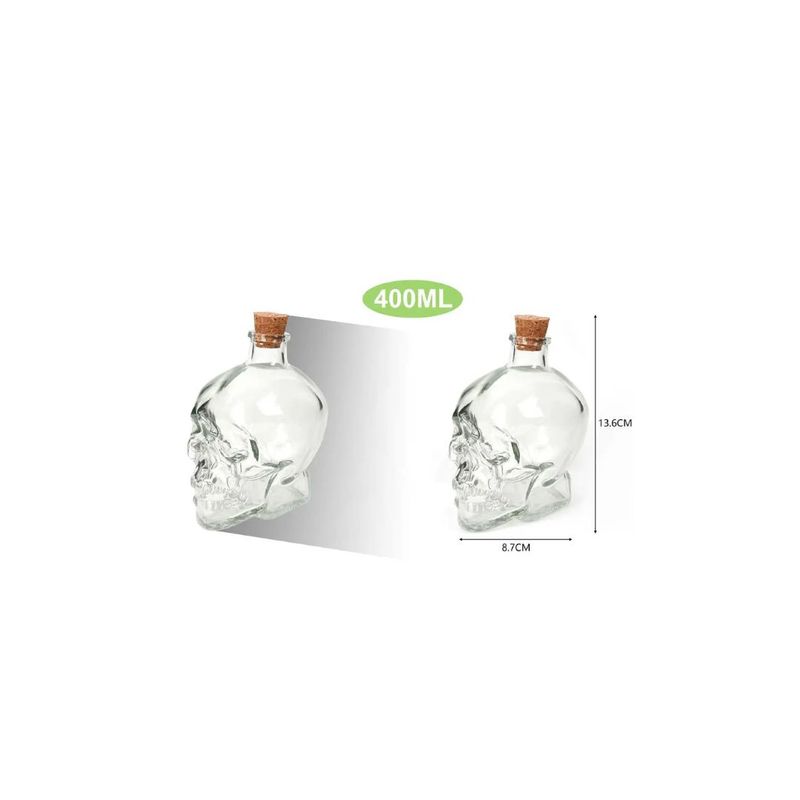 GENERICO - BOTELLA DE VIDRIO FORMA DE CALAVERA 400ML TAPA DE CORCHO.