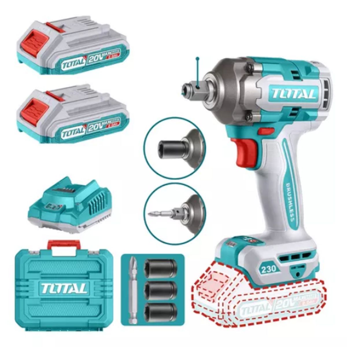 TOTAL TOOLS - Pistola  Llave De Impacto 20v Brushles 230nm Total.
