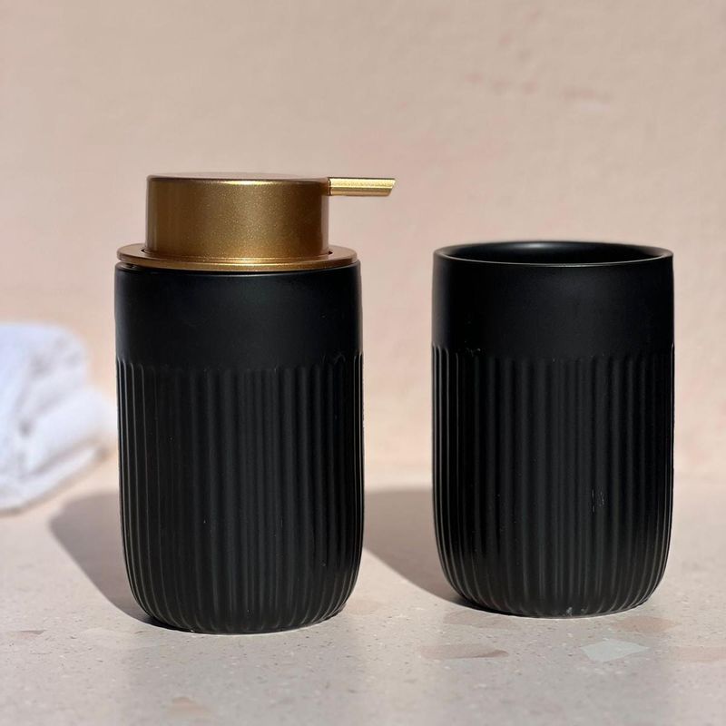 DECO EXPRESS - Set 2 accesorios de baño Dispensador de jabón y Vaso Cerámica Negro