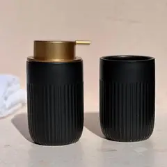 DECO EXPRESS - Set 2 accesorios de baño Dispensador de jabón y Vaso Cerámica Negro