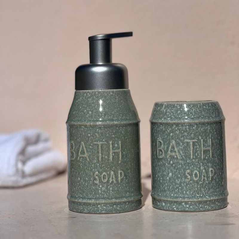 DECO EXPRESS - Set 2 accesorios de baño Dispensador de jabón y Vaso Cerámica Rústico