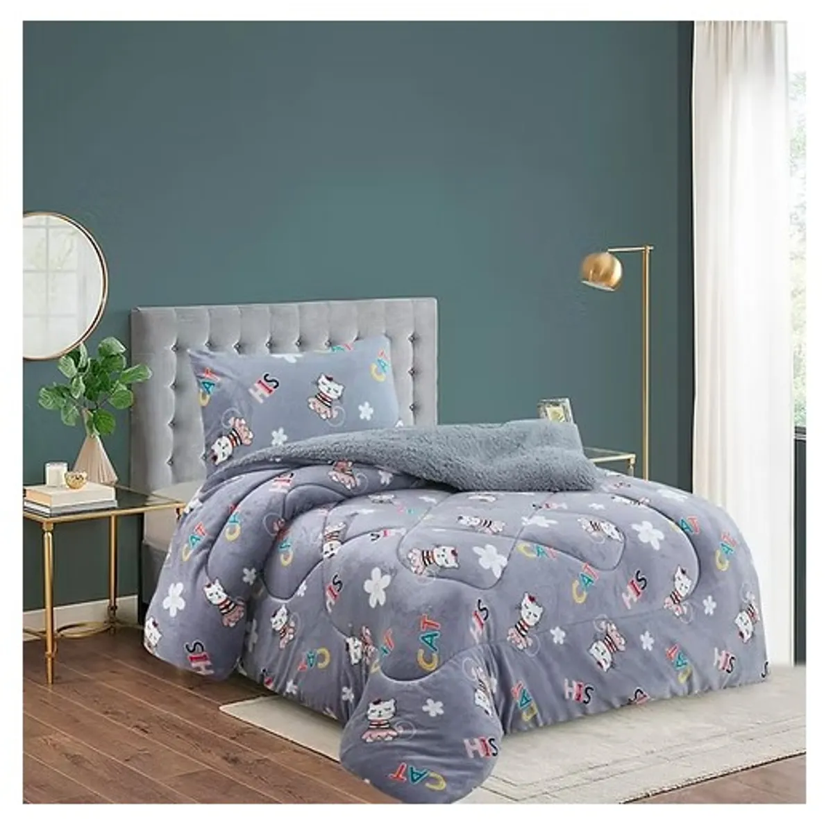 GENERICO - Cobertor de invierno Plush con chiporro 1,5 Plaza - Gris Gatita