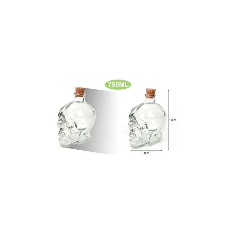 GENERICO - BOTELLA DE VIDRIO FORMA DE CALAVERA 750ML TAPA DE CORCHO